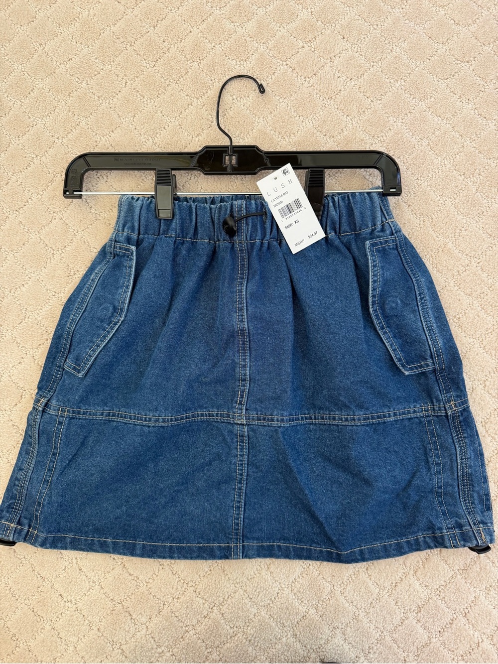 Lush NWT Denim Mini Skirt XS Elastic Waist Pocket Jean Skirt